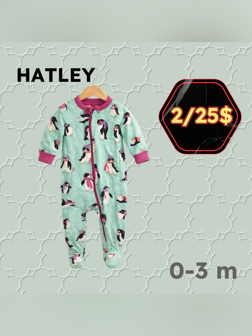 🌙 2/25$ 🇨🇦 👍GUC HATLEY | 0-3m | Unisex Playful Penguins Baby Footed Pyjamas